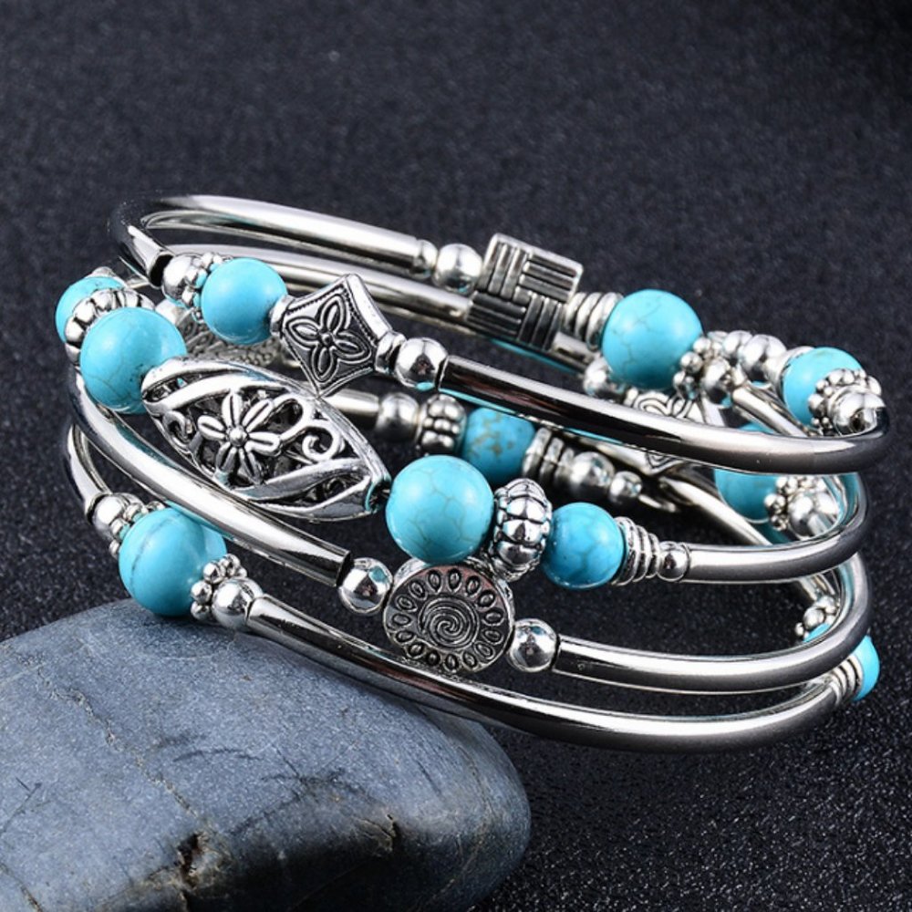 Women's Multi Circle Winding 4 Layer Natural Cascade Charm Bracelet - Adjustable
